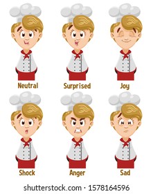 Different mood of blond woman, cook, chef in uniform: neutral, surprised, joy, shock, anger, sad. Set of female emotions, emoji for animation. Cartoon illustration isolated on white background.
