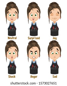 Different mood of brown haired pretty woman, hairdresser: neutral, surprised, joy, shock, anger, sad. Set of female emotions, emoji for animation. Cartoon illustration isolated on white background.