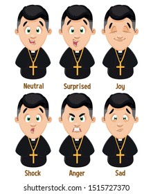 Different mood of catholic priest in black cassock with cross: neutral, surprised, joy, shock, anger, sad. Set of male emotions, emoji for animation. Cartoon illustration isolated on white background.