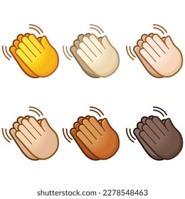 Emoji de diferente humor. Aplausos emocional aplauso mano emoji conjunto de varios íconos de ilustración de dibujos animados de tonescuto de piel estilizados. Aislado sobre fondo blanco.