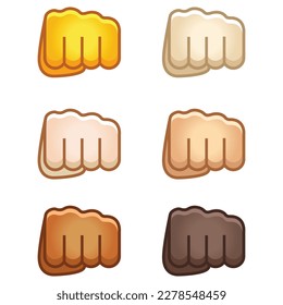 Different mood emoji. Emotional fist bump punch fight emoji hand set of various skin tonescute cartoon stylized vector cartoon illustration icons. Isolated on white background.