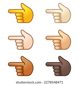 Different mood emoji. Emotional index finger pointing left emoji hand set of various skin tonescute cartoon stylized vector cartoon illustration icons. Isolated on white background.