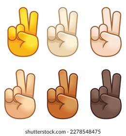 Different mood emoji. Emotional peace sign emoji hand set of various skin tonescute cartoon stylized vector cartoon illustration icons. Isolated on white background.