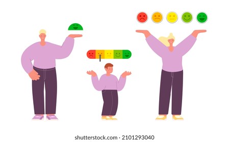 Different mood. Positive negative moods, people with emotions symbols. Happy man, sad boy and neutral woman with scale, vector family characters