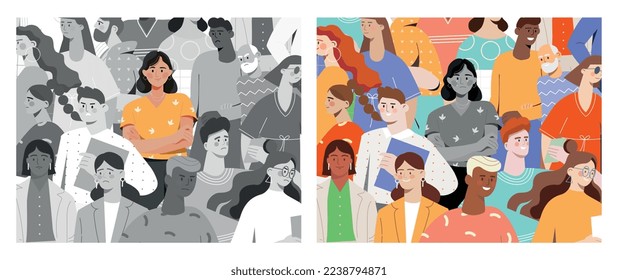 Different mood set. Comparison of cheerful and frustrated woman. Optimism vs Pessimism, negative and positive emotions. Gestures and facial expressions concept. Cartoon flat vector illustration