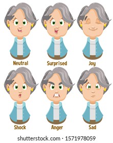 Different mood of silver haired senior woman, aged lady: neutral, surprised, joy, shock, anger, sad. Set of female emotions, emoji for animation. Cartoon illustration isolated on white background.