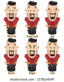 Different mood of stylish brunet bearded man, barber: neutral, surprised, joy, shock, anger, sad. Set of male emotions, emoji for animation. Cartoon illustration isolated on white background.