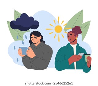 Diferente Clima de sentimiento. Mujer bajo la lluvia y niña bajo el sol. Depresión y frustración. Tristeza y felicidad. Sentimiento y emoción. Ilustración vectorial plana aislada sobre fondo blanco