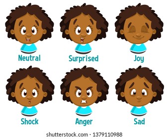 Different moods of african american curly girl in blue dress: neutral, surprised, joy, shock, anger, sad. Set of female emotions, emoji for animation. Cartoon illustration isolated on white.