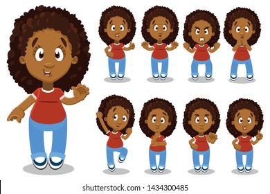 Different moods of african american curly young woman full length in jeans: neutral, surprise, joy, shock, anger, sadness. Set of female emotions, emoji for animation. Cartoon isolated on white.