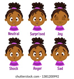 Different moods of afro american girl in pink dress. Set of female emotions, emoji for animation. Avatars with six variant of fascial expressions. Cartoon illustration isolated on white background.