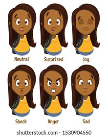 Different moods of afro-american girl with long hair: neutral, surprised, joy, shock, anger, sad. Set of male emotions, emoji for animation. Cartoon illustration isolated on white background.