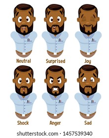 Different moods of bearded afro american young man in blue shirt: neutral, surprised, joy, shock, anger, sad. Set of male emotions for animation. Cartoon illustration isolated on white background.