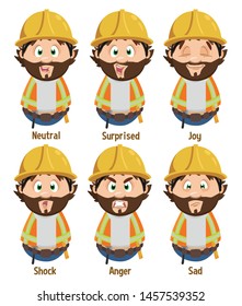 Different moods of bearded builder, foreman in hardhat. Set of male emotions, emoji for animation. Avatars with six variant of fascial expressions. Cartoon illustration isolated on white background