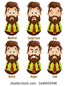 Different moods of bearded hipster in hat, green shirt, tie: neutral, surprised, joy, shock, anger, sad. Set of male emotions, emoji for animation. Cartoon illustration isolated on white background.