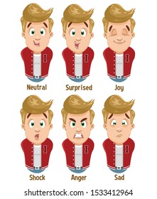 Different moods of blond guy, teen, student in red vest: neutral, surprised, joy, shock, anger, sad. Set of male emotions, emoji for animation. Cartoon illustration isolated on white background.
