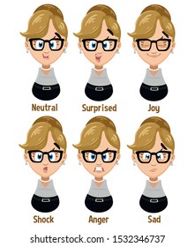 Different moods of blond secretary in glasses: neutral, surprised, joy, shock, anger, sad. Set of male emotions, emoji for animation. Cartoon illustration isolated on white background.