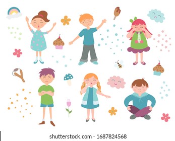 Сhildren in different moods fun, sadness, surprise, anger and details of children's life on vacation Vector illustration concept children's company of boys and girls