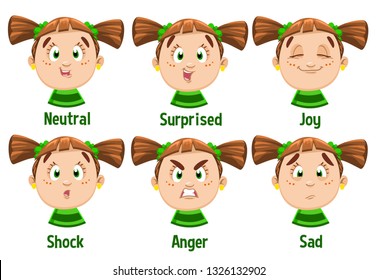 Different moods of funny red-headed girl with pigtails in green dress: neutral, surprised, joy, shock, anger, sad. Set of female emotions, emoji for animation. Cartoon illustration isolated on white.