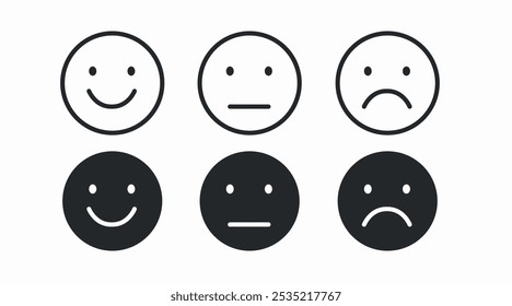 Different moods icon set, with a smile, a serious and a sad face. Vector illustration set.