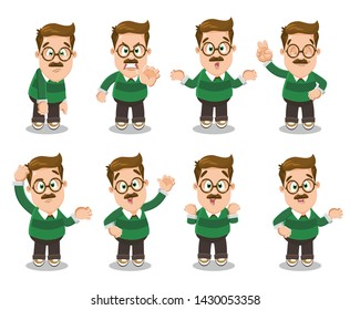 Different moods of man in glasses with mustache, full length: neutral, surprise, joy, shock, anger, sadness, frustration, satisfaction, dismay. Set of male emotions. Cartoon isolated on white.