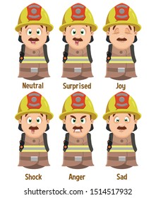 Different moods of mustached firefighter in yellow hardhat: neutral, surprised, joy, shock, anger, sad. Set of male emotions, emoji for animation. Cartoon illustration isolated on white background.