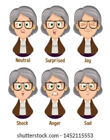 Different moods of senior silver haired businesswoman in glasses: neutral, surprised, joy, shock, anger, sad. Set of female emotions, emoji for animation. Cartoon illustration isolated on white.