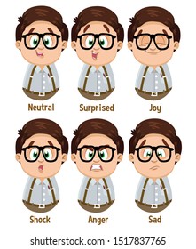 Different moods of spectacled brunet plump teenager, nerd: neutral, surprised, joy, shock, anger, sad. Set of male emotions, emoji for animation. Cartoon illustration isolated on white background.