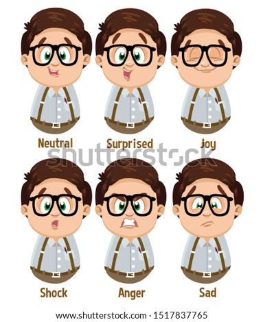 Different moods of spectacled brunet plump teenager, nerd: neutral, surprised, joy, shock, anger, sad. Set of male emotions, emoji for animation. Cartoon illustration isolated on white background.