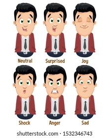 Different moods of young brunet businessman in red suit jacket: neutral, surprised, joy, shock, anger, sad. Set of male emotions, emoji for animation. Cartoon illustration isolated on white background