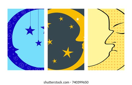 Different moon cards nature cosmos cycle satellite surface whole cycle from new star vector illustration.