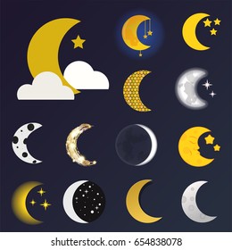 Different moon nature cosmos cycle satellite surface whole cycle from new star vector illustration.