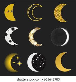 Different moon nature cosmos cycle satellite surface whole cycle from new star vector illustration.