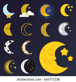 Different moon nature cosmos cycle satellite surface whole cycle from new star vector illustration.
