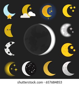 Different moon nature cosmos cycle satellite surface whole cycle from new star vector illustration.