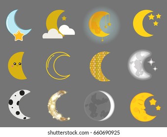 Different moon nature cosmos cycle satellite surface whole cycle from new star vector illustration.