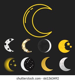 Different moon nature cosmos cycle satellite surface whole cycle from new star vector illustration.