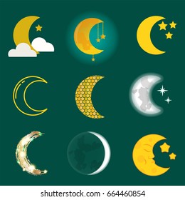 Different moon nature cosmos cycle satellite surface whole cycle from new star vector illustration.