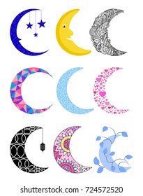 Different moon nature cosmos cycle satellite surface whole cycle from new star vector illustration.