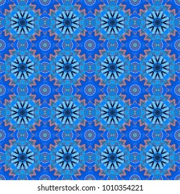 Different mosaic textures. Ornate seamless texture background. Relief waves of ornamental mosaic tile patterns in blue, pink and black colors. Vector illustration.