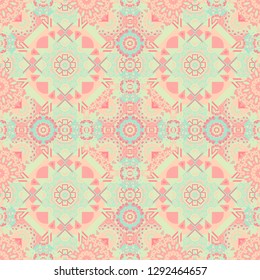 Different mosaic textures. Ornate seamless texture background. Relief waves of ornamental mosaic tile patterns in beige, red and pink colors. Vector illustration.