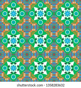 Different mosaic textures. Ornate seamless texture background. Relief waves of ornamental mosaic tile patterns in green, blue and white colors. Vector illustration.