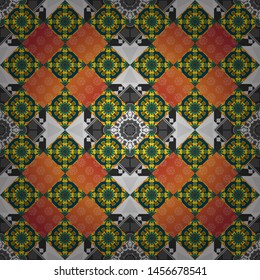 Different mosaic textures. Ornate seamless texture background. Vector illustration. Relief waves of ornamental mosaic tile patterns in blue, orange and gray colors.