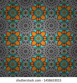 Different mosaic textures. Ornate seamless texture background. Vector illustration. Relief waves of ornamental mosaic tile patterns in blue, yellow and gray colors.