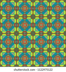 Different mosaic textures. Relief waves of ornamental mosaic tile patterns in green, brown and blue colors. Vector illustration. Ornate seamless texture background.