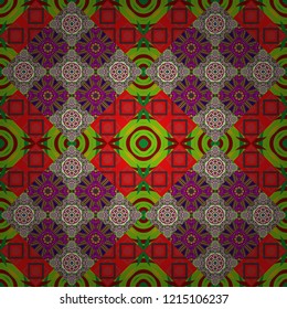 Different mosaic textures. Relief waves of ornamental mosaic tile patterns in green, neutral and red colors. Ornate seamless texture background. Vector illustration.