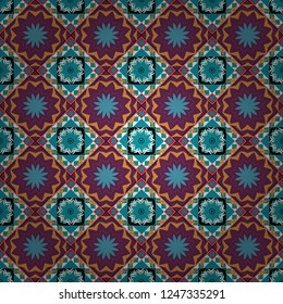 Different mosaic textures. Relief waves of ornamental mosaic tile patterns in orange, blue and purple colors. Vector illustration. Ornate seamless texture background.