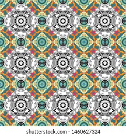 Different mosaic textures. Relief waves of ornamental mosaic tile patterns in gray, blue and beige colors. Vector illustration. Ornate seamless texture background.