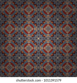 Different mosaic textures. Vector illustration. Ornate seamless texture background. Relief waves of ornamental mosaic tile patterns in blue, gray and orange colors.