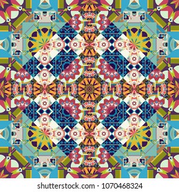 Different mosaic textures. Vector illustration. Ornate seamless texture background. Relief waves of ornamental mosaic tile patterns in gray, green and blue colors.